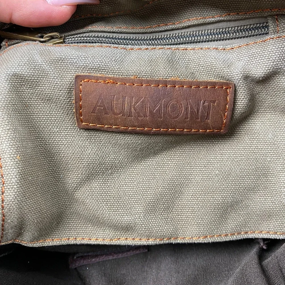 Aukmont Womens Large Backpack Olive Green Canvas Leather Straps Rucksack Vintage